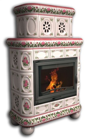 Печь-камин МЕДАЛЬОН центральный двухъярусный (цвет изразцов роспись Розы) КИМРпечь           